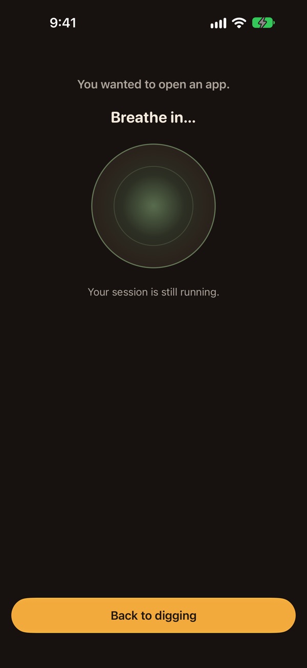 Burrow breathing screen: "Breathe in…" above a green circle, and the Back to digging button.