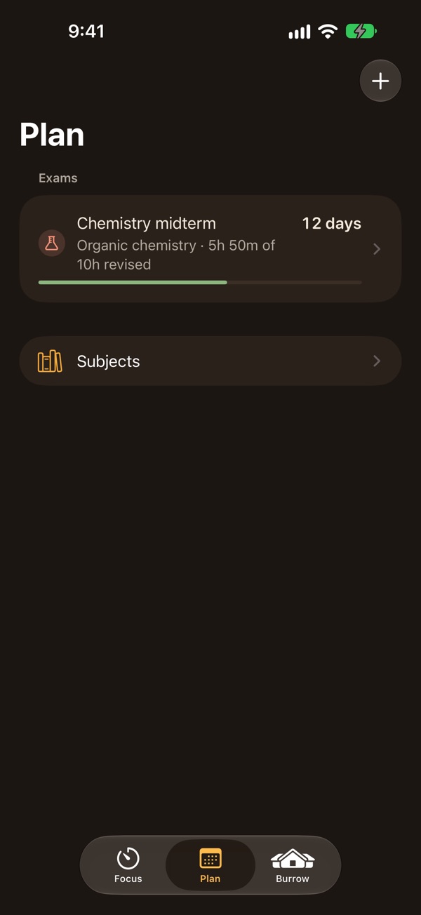 Plan tab: an upcoming chemistry exam with its countdown and revision progress.