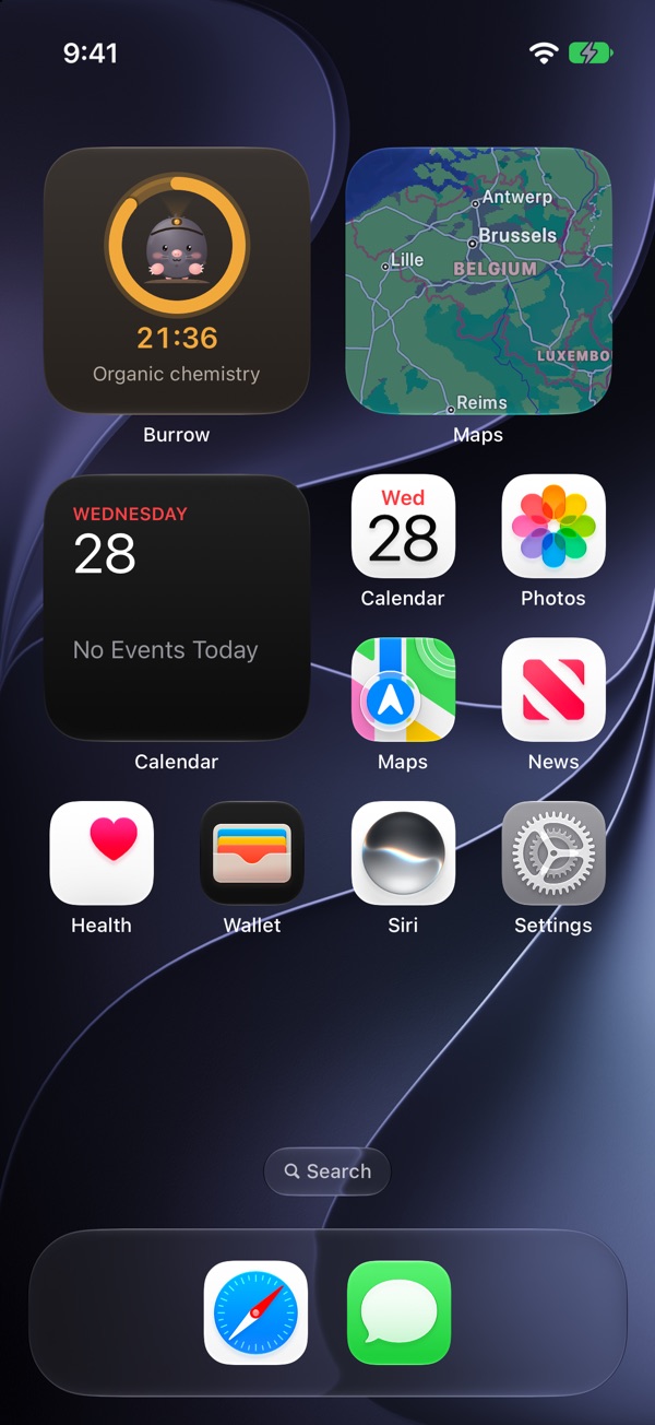 iPhone-Home-Bildschirm mit dem Burrow-Widget: Gaston in einem bernsteinfarbenen Ring über der verbleibenden Zeit und dem Fach.