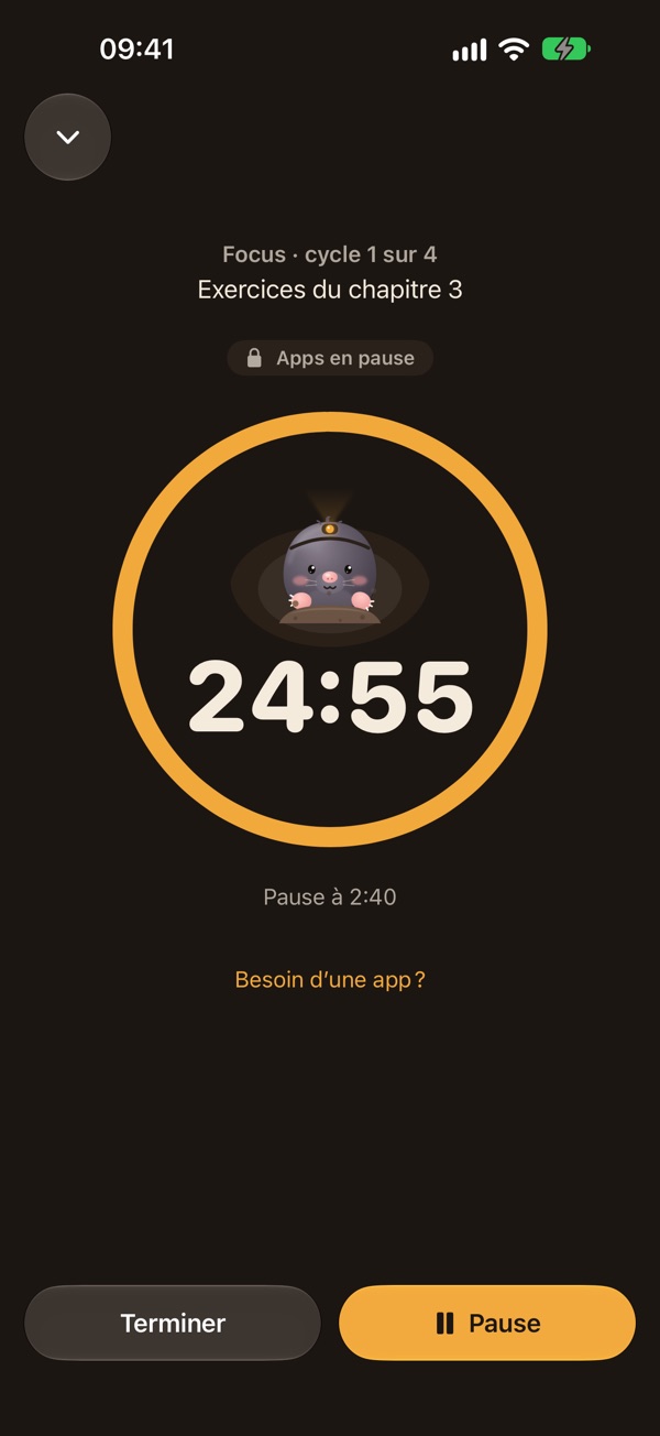 Écran de session de Burrow : un anneau ambre autour de Gaston et du temps restant, 24:55, avec les boutons Terminer et Pause.